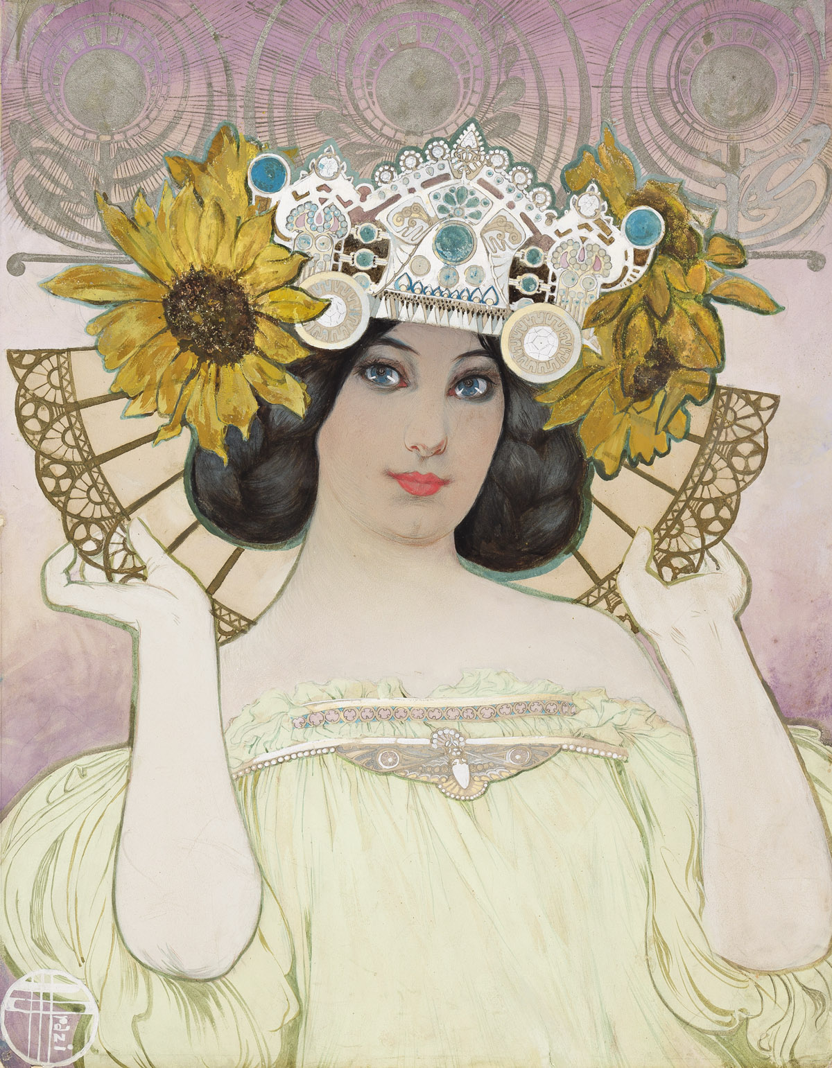 MANUEL ORAZI (1860-1934) Art Nouveau Woman with Sunflower Headdress. * Art Nouveau Woman Holding Kettle. [POSTERS]